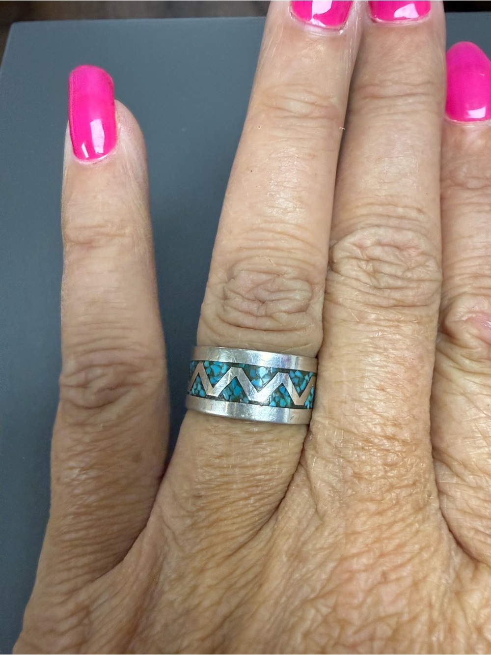 Vintage Sterling Silver Turquoise Inlay Zigzag Band Ring